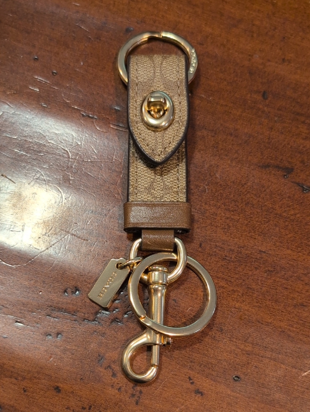 Coach Tan & Brown Signature Leather Key Holder with Gold Hardware